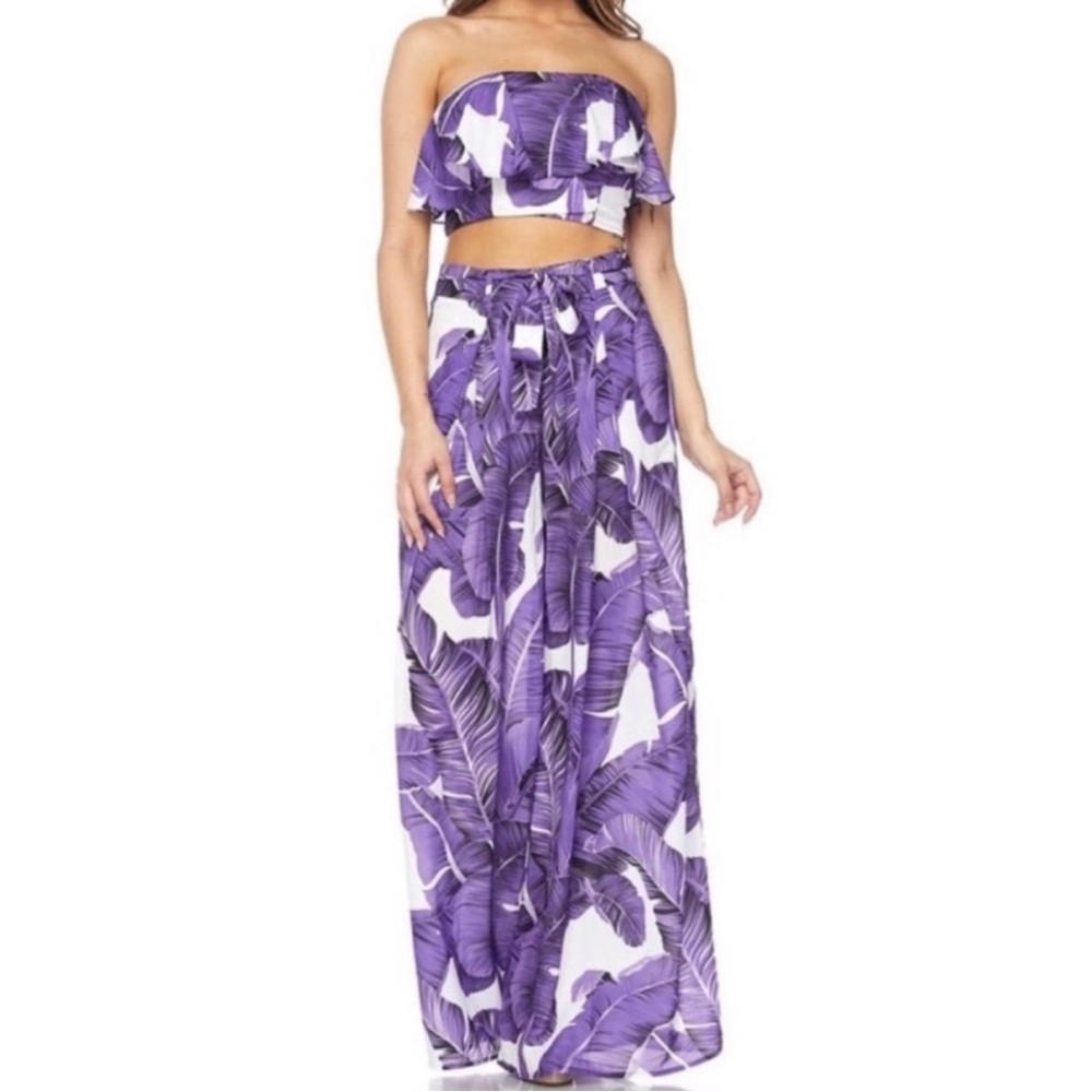 Leaf Print Floral Cropped Top and Palazzo Pants Set